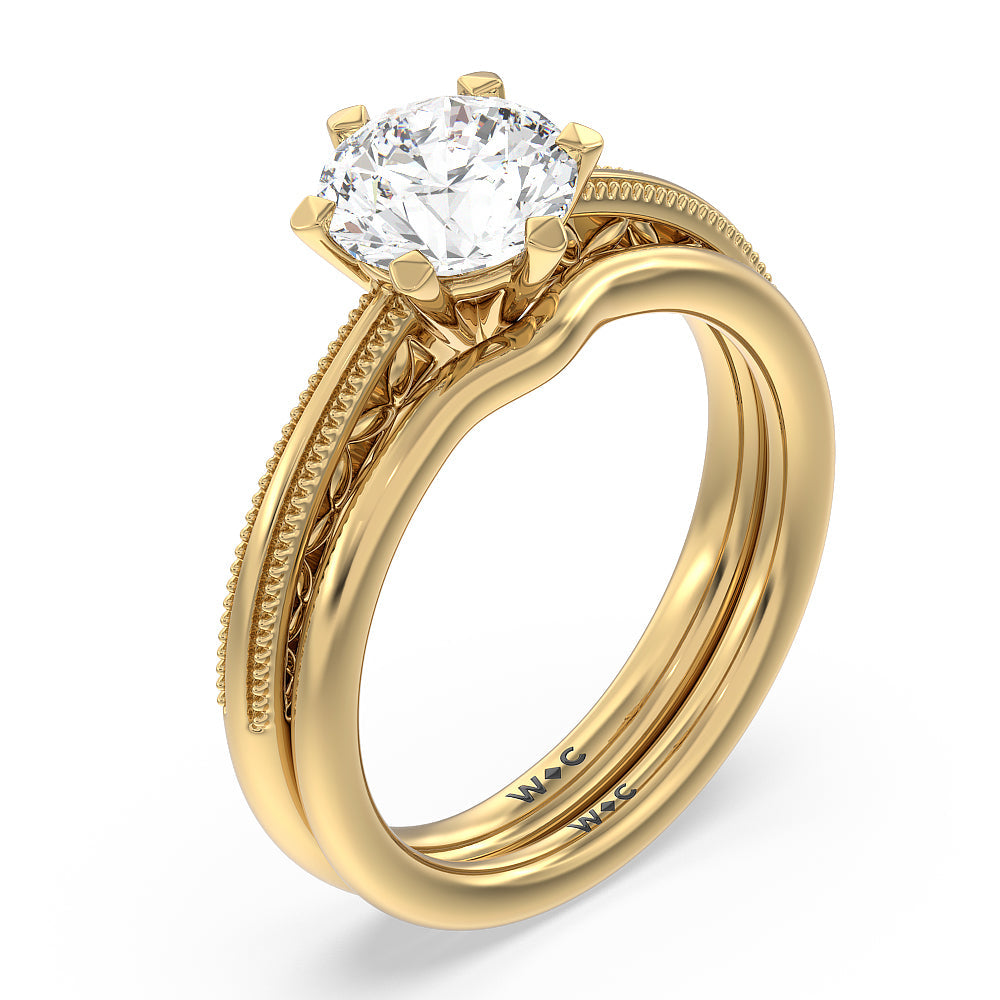 Milgrain Filigree Solitaire Wedding Band with 18KT Yellow Gold Cut Diamond in 14KT Yellow Gold view 3
