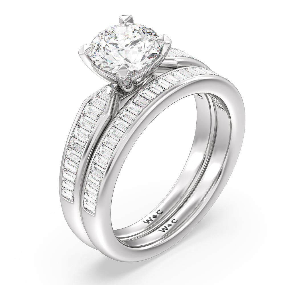 Channel Baguette Deco Solitaire Diamond Wedding Band with Platinum Cut Diamond in 14KT Platinum view 3
