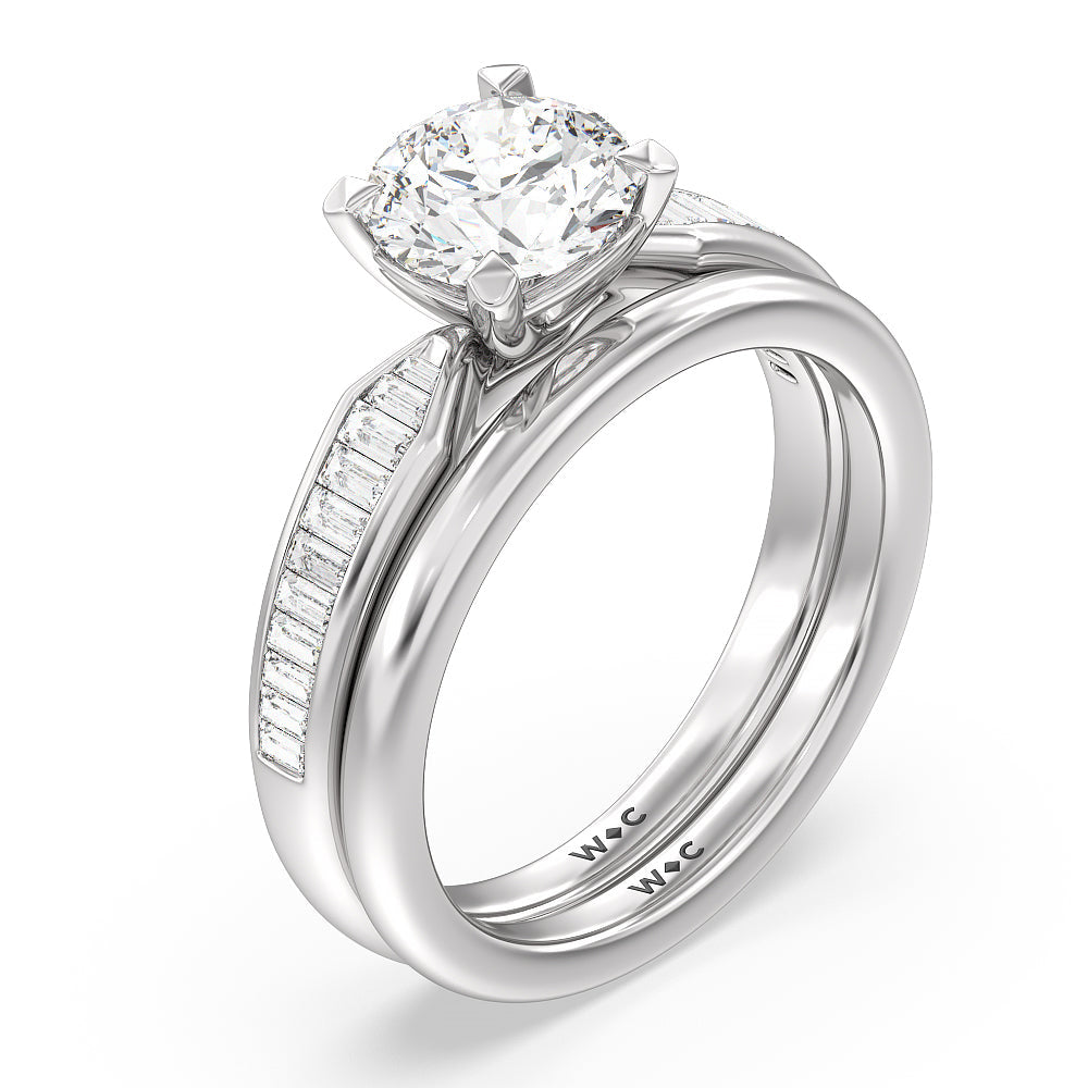 Channel Baguette Deco Solitaire Wedding Band with Platinum Cut Diamond in 14KT Platinum view 3
