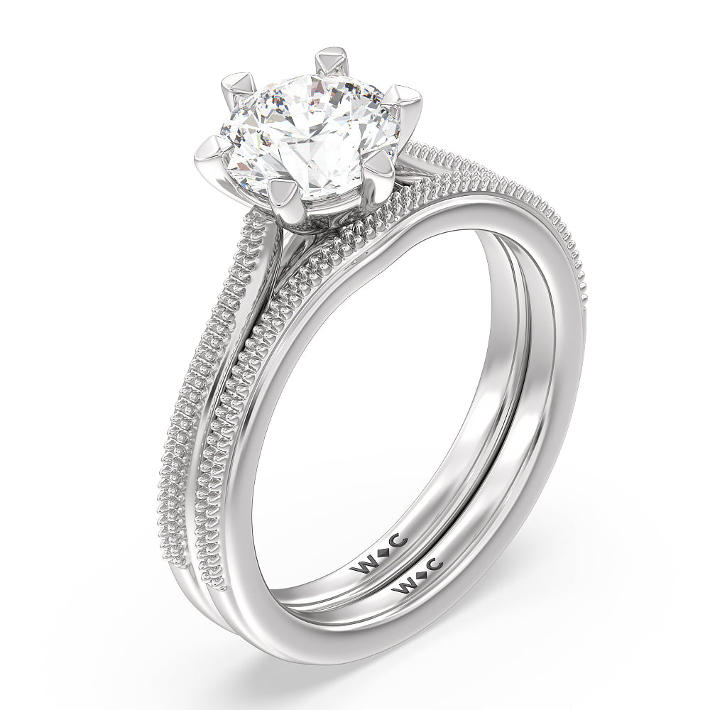 Milgrain Centerline Six Prong Solitaire Wedding Band with Platinum Cut Diamond in 14KT Platinum view 3
