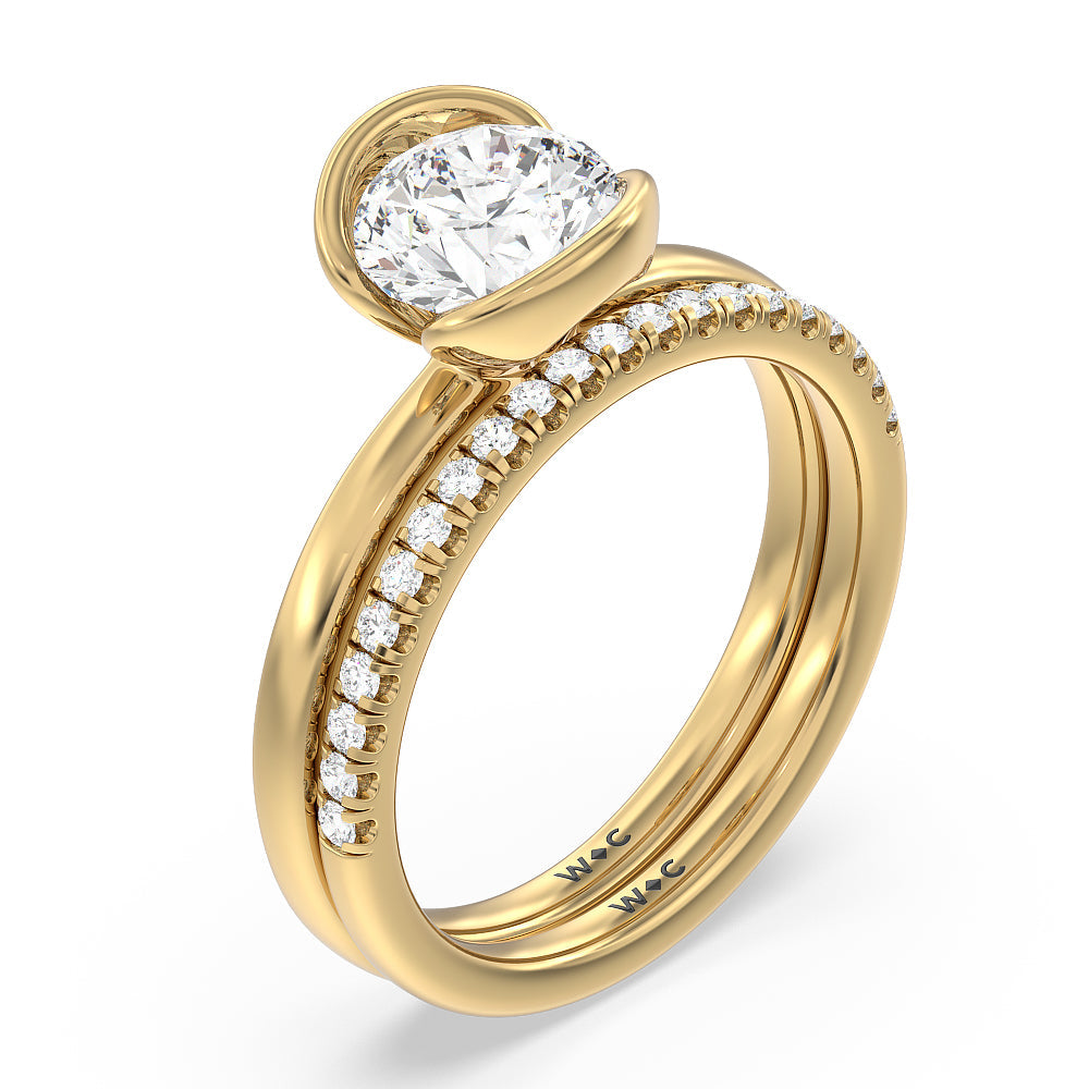 Seamless Half Bezel Solitaire Diamond Wedding Band with 18KT Yellow Gold Cut Diamond in 14KT Yellow Gold view 3
