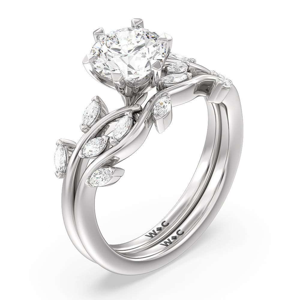 Slender Vine Six Prong Solitaire Diamond Wedding Band with Platinum Cut Diamond in 14KT Platinum view 3
