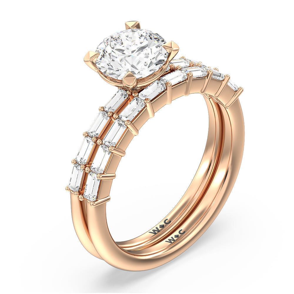 Petite Baguette Studded Diamond Wedding Band with 18KT Rose Gold Cut Diamond in 14KT Rose Gold view 3
