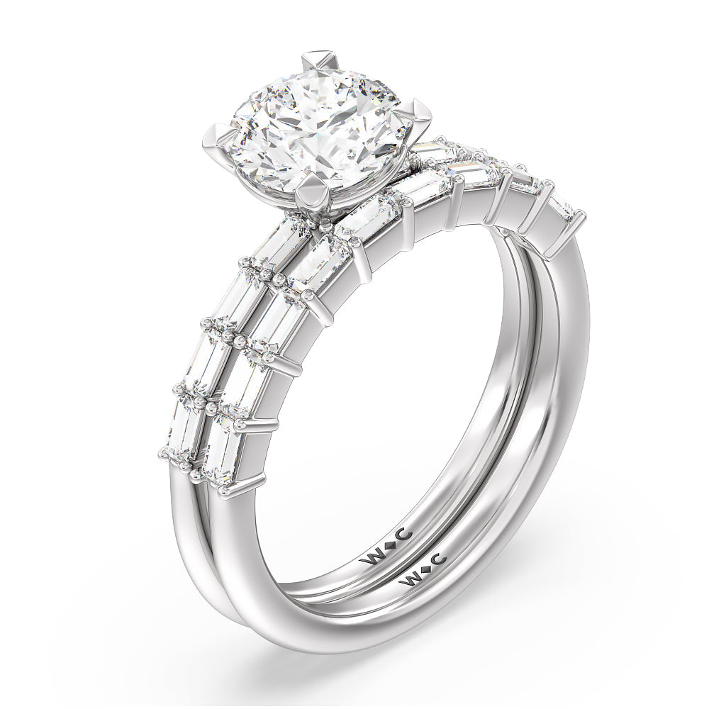Petite Baguette Studded Diamond Wedding Band Size 5.25 with Platinum Cut Diamond in 14KT Platinum view 3
