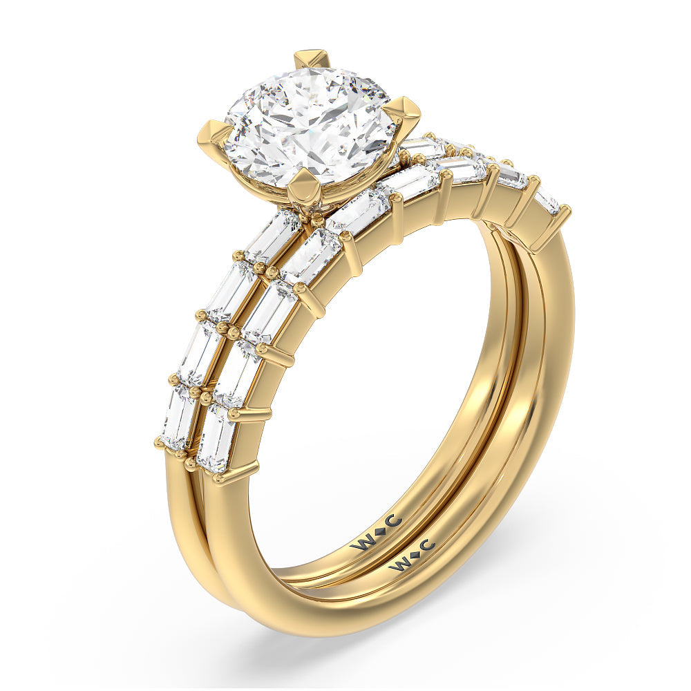 Petite Baguette Studded Diamond Wedding Band with 18KT Yellow Gold Cut Diamond in 14KT Yellow Gold view 3
