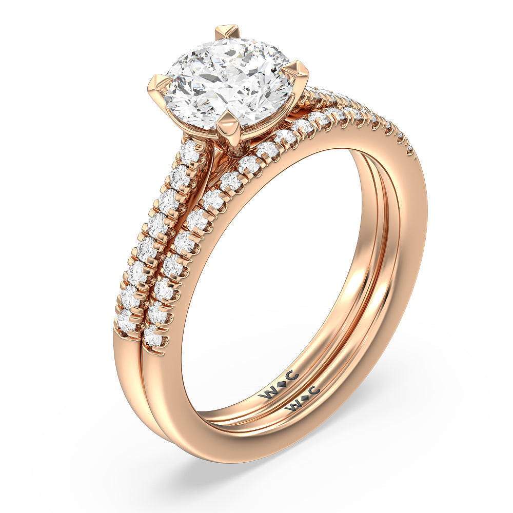 Pave Cathedral Shank East West Solitaire Diamond Wedding Band with 18KT Rose Gold Cut Diamond in 14KT Rose Gold view 3
