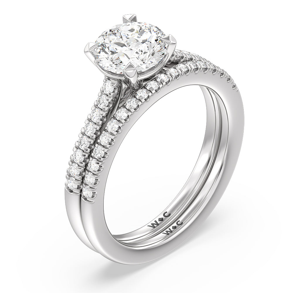 Pave Cathedral Shank East West Solitaire Diamond Wedding Band with Platinum Cut Diamond in 14KT Platinum view 3
