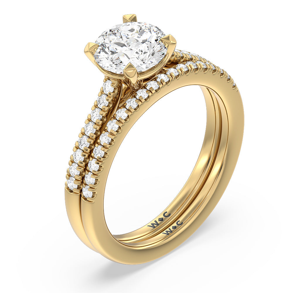 Pave Cathedral Shank East West Solitaire Diamond Wedding Band with 18KT Yellow Gold Cut Diamond in 14KT Yellow Gold view 3
