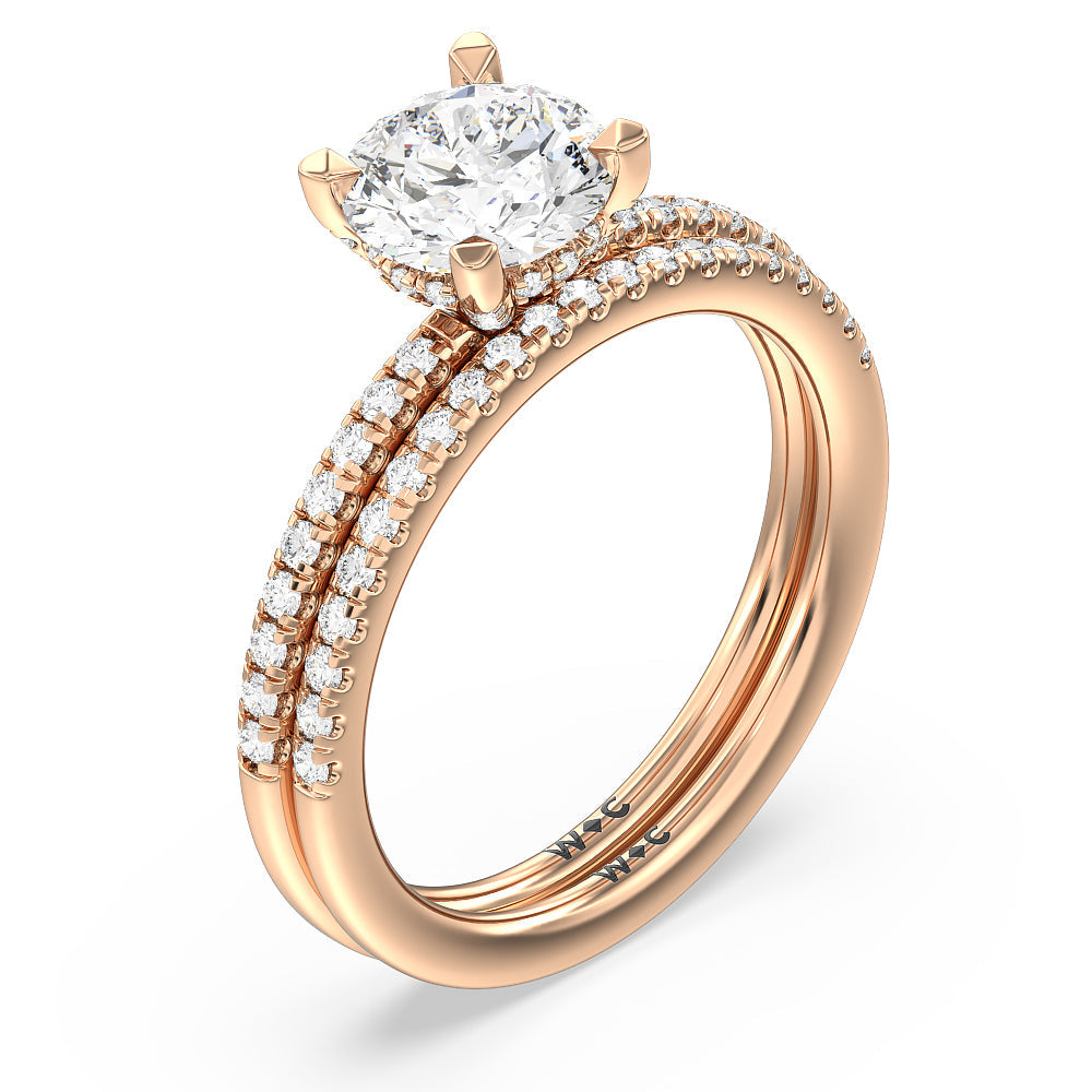 Studded Prong Hidden Halo Pave Shank Solitaire Diamond Wedding Band with 18KT Rose Gold Cut Diamond in 14KT Rose Gold view 3
