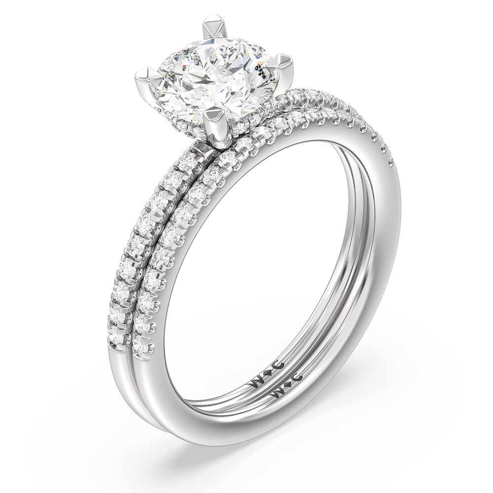 Studded Prong Hidden Halo Pave Shank Solitaire Diamond Wedding Band with Platinum Cut Diamond in 14KT Platinum view 3
