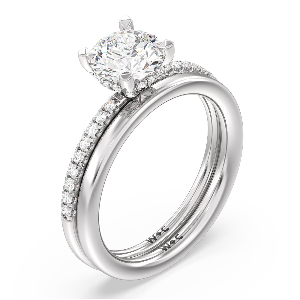 Studded Prong Hidden Halo Pave Shank Solitaire Wedding Band with Platinum Cut Diamond in 14KT Platinum view 3
