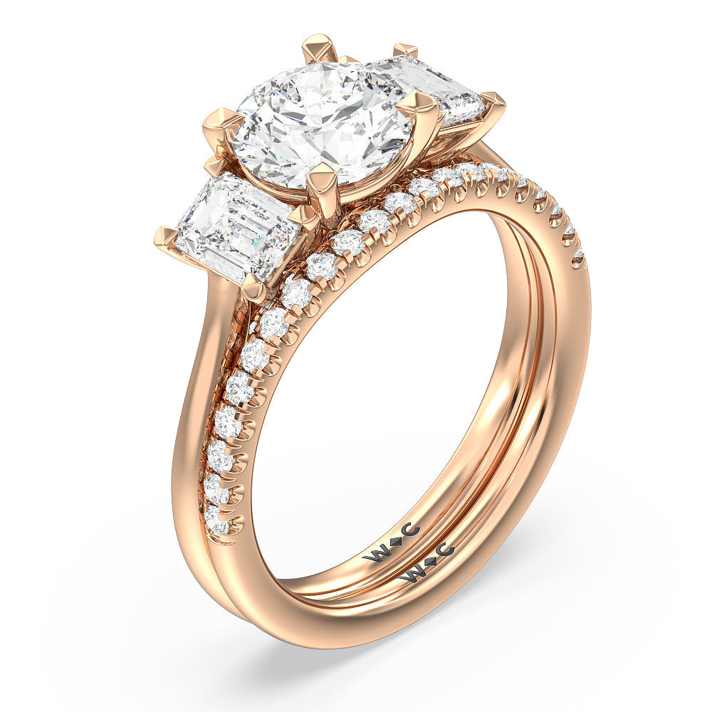 Three Stone Hidden Accent Bridge Classic Diamond Wedding Band with 18KT Rose Gold Cut Diamond in 14KT Rose Gold view 3
