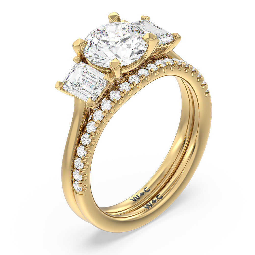Three Stone Hidden Accent Bridge Classic Diamond Wedding Band with 18KT Yellow Gold Cut Diamond in 14KT Yellow Gold view 3

