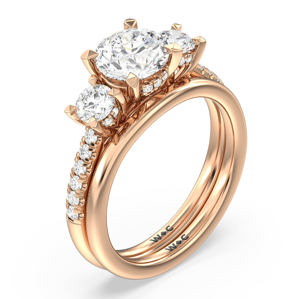 Three Stone Hidden Halo Cathedral Wedding Band with 18KT Rose Gold Cut Diamond in 14KT Rose Gold view 3
