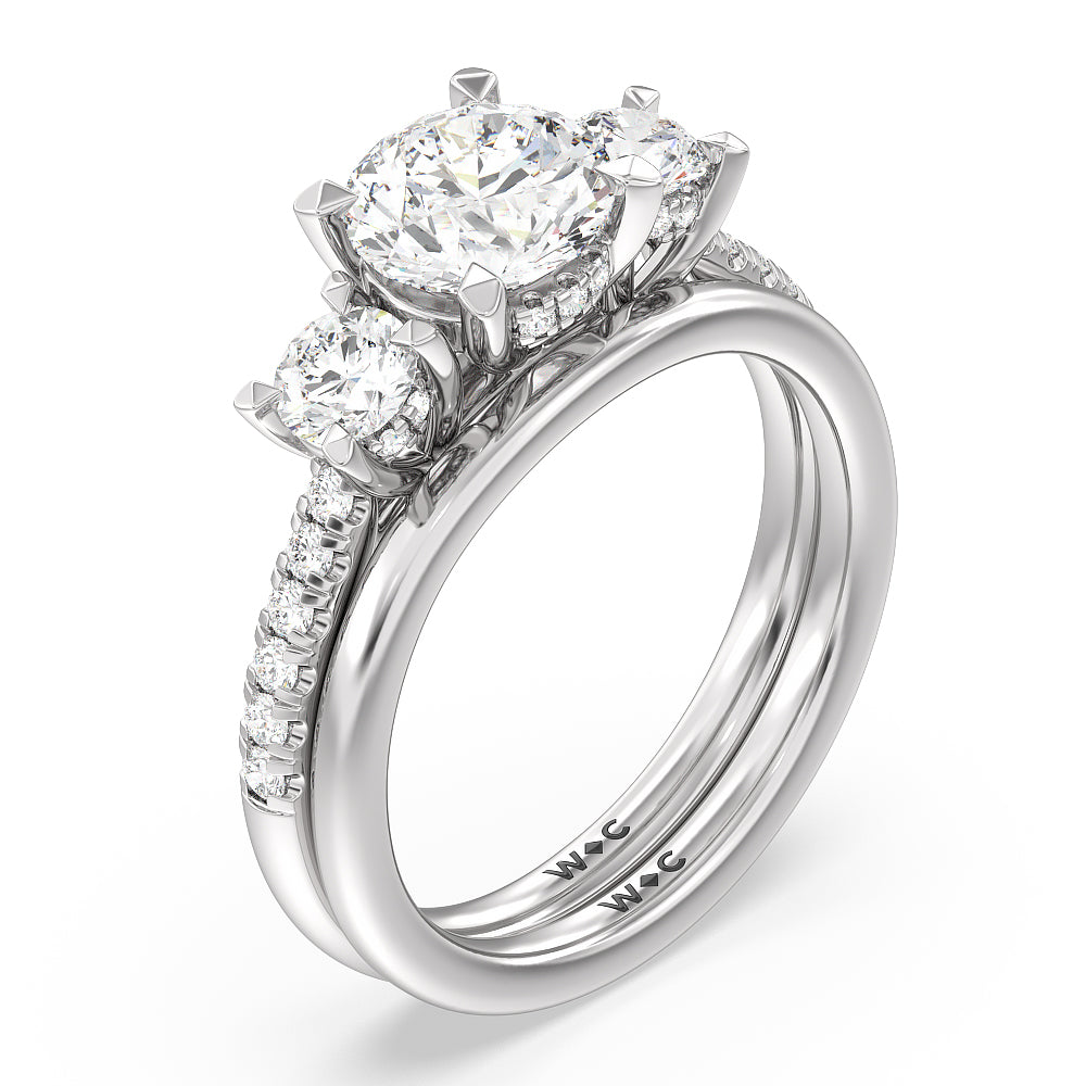 Three Stone Hidden Halo Cathedral Wedding Band with Platinum Cut Diamond in 14KT Platinum view 3
