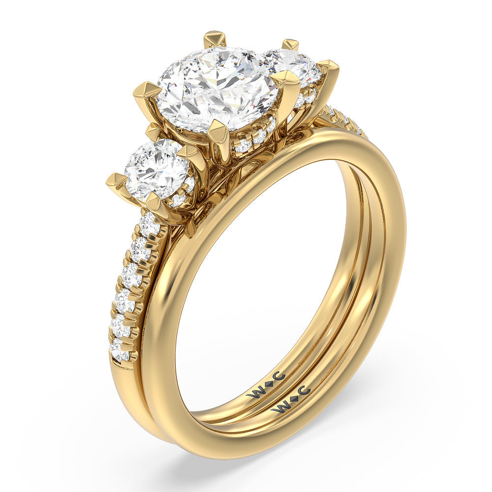 Three Stone Hidden Halo Cathedral Wedding Band with 18KT Yellow Gold Cut Diamond in 14KT Yellow Gold view 3
