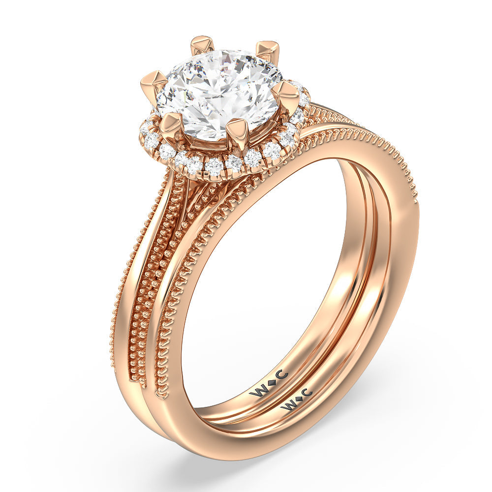 Floral Halo Cathedral Wedding Band with 18KT Rose Gold Cut Diamond in 14KT Rose Gold view 3
