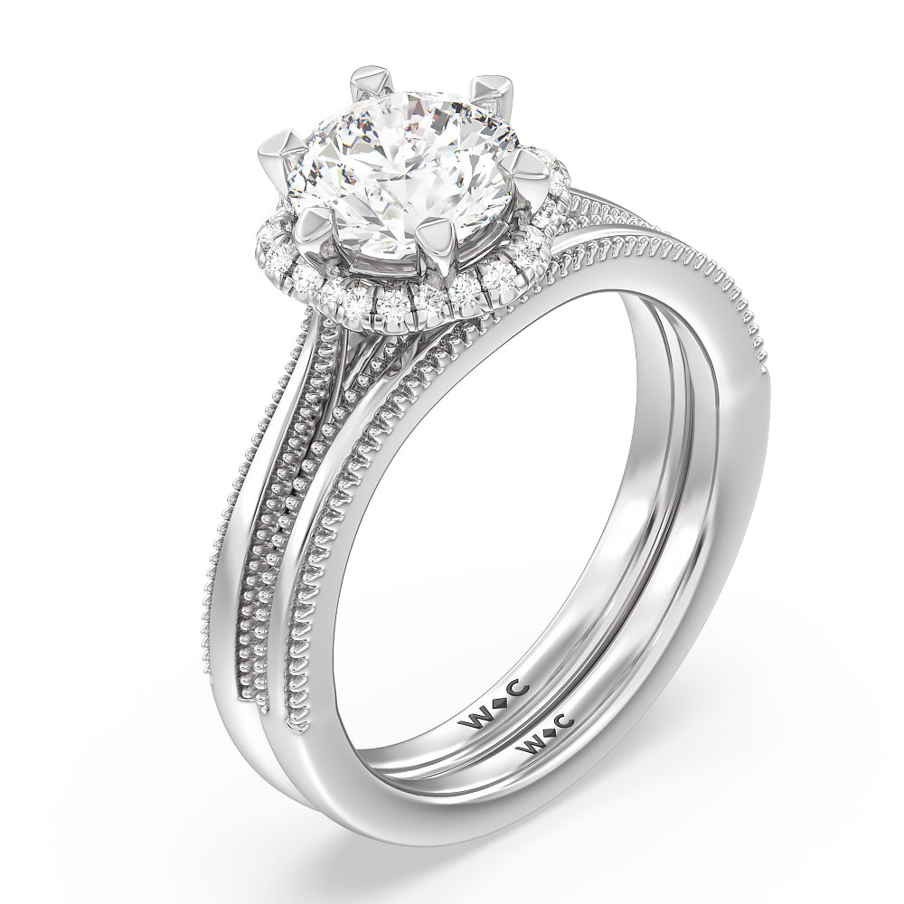 Floral Halo Cathedral Wedding Band with Platinum Cut Diamond in 14KT Platinum view 3
