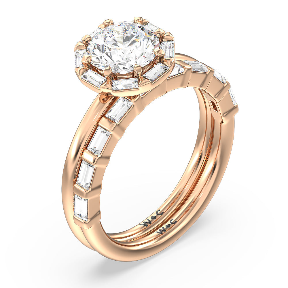 Vintage Baguette Halo Solitaire Diamond Wedding Band with 18KT Rose Gold Cut Diamond in 14KT Rose Gold view 3

