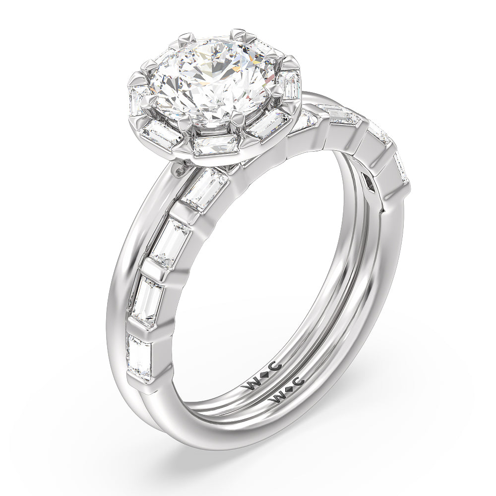 Vintage Baguette Halo Solitaire Diamond Wedding Band with Platinum Cut Diamond in 14KT Platinum view 3
