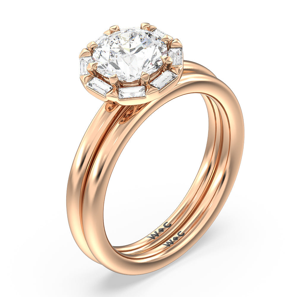 Vintage Baguette Halo Solitaire Wedding Band with 18KT Rose Gold Cut Diamond in 14KT Rose Gold view 3

