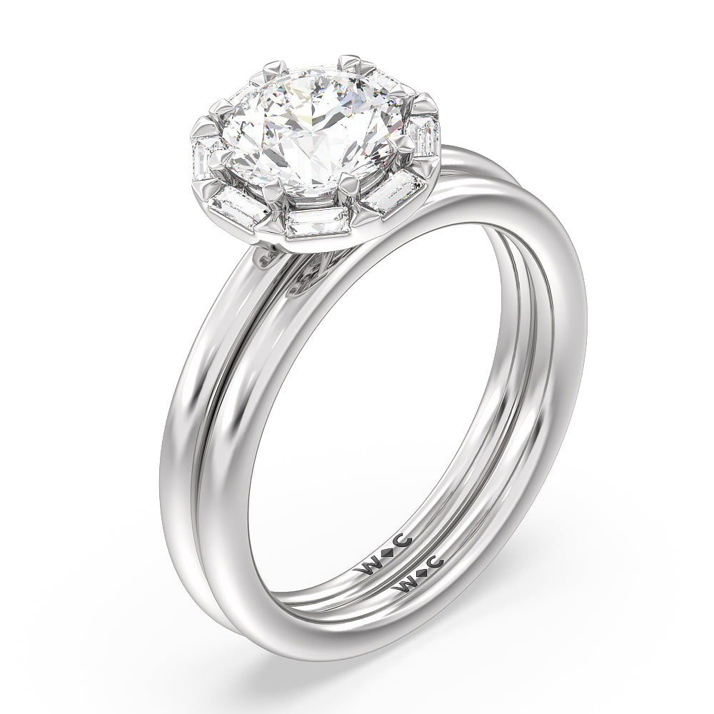 Vintage Baguette Halo Solitaire Wedding Band with Platinum Cut Diamond in 14KT Platinum view 3

