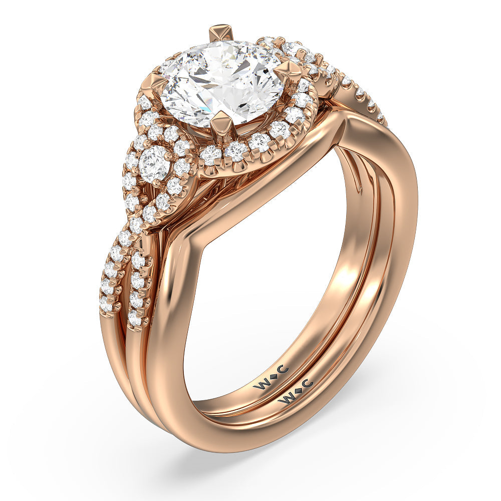 Elegant Halo Side Stone Accent Solitaire Wedding Band with 18KT Rose Gold Cut Diamond in 14KT Rose Gold view 3
