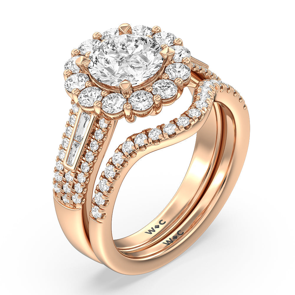 Tapering Baguette Halo Wedding Band with 18KT Rose Gold Cut Diamond in 14KT Rose Gold view 3
