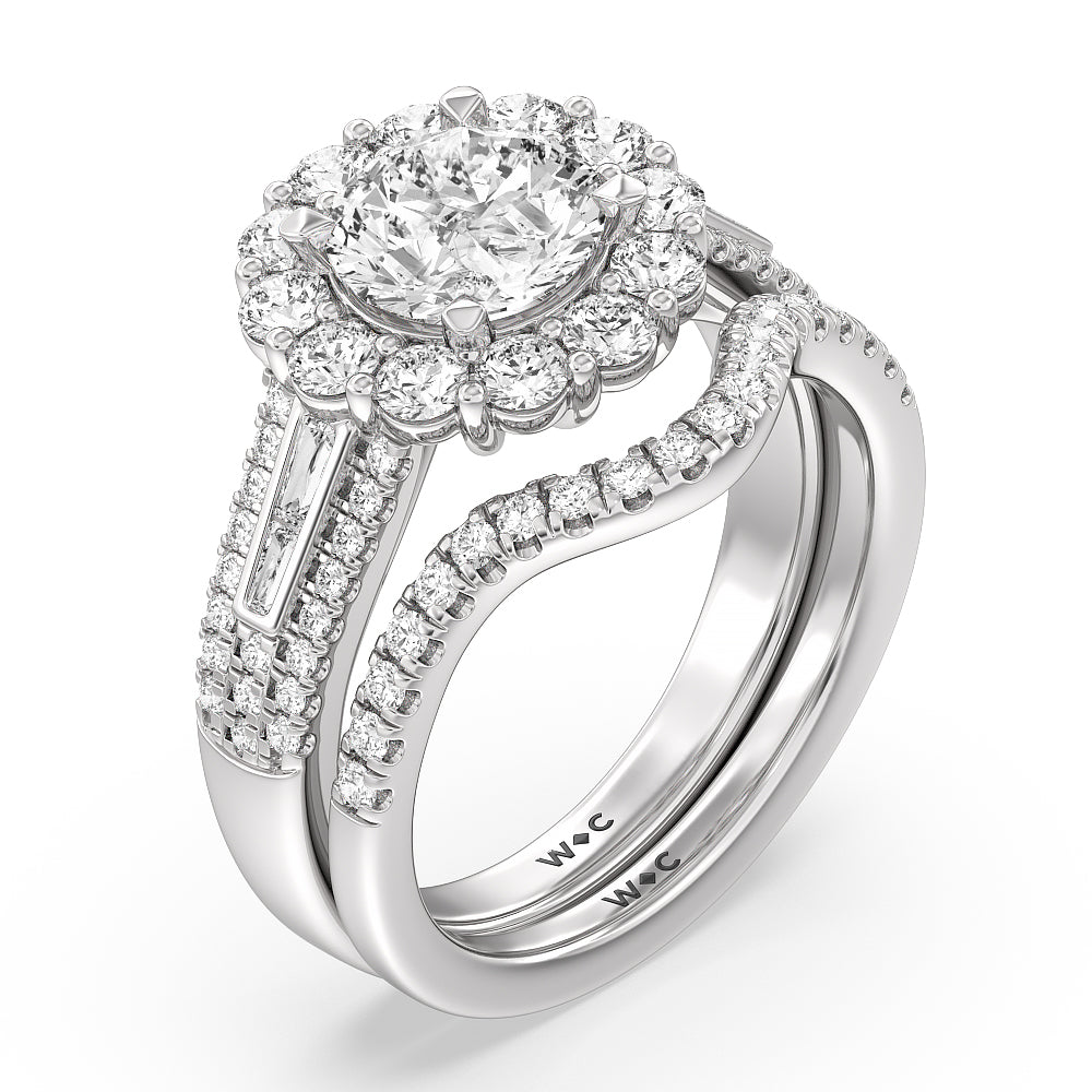 Tapering Baguette Halo Wedding Band with Platinum Cut Diamond in 14KT Platinum view 3
