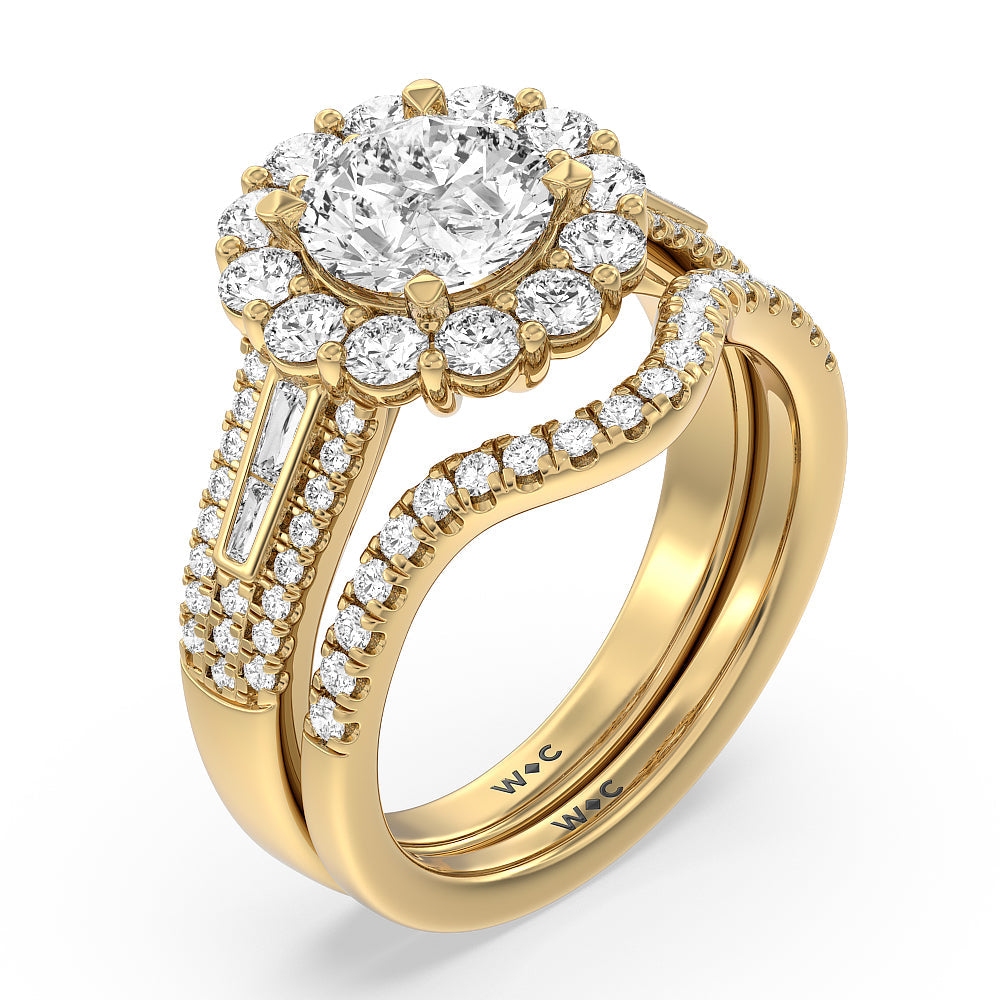 Tapering Baguette Halo Wedding Band with 18KT Yellow Gold Cut Diamond in 14KT Yellow Gold view 3
