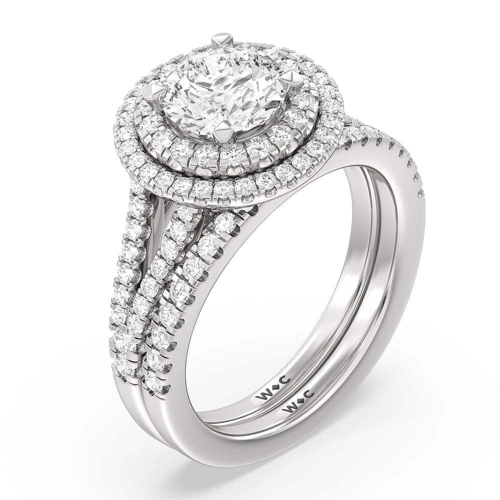 Double Halo Split Shank Cathedral Wedding Band – With Clarity