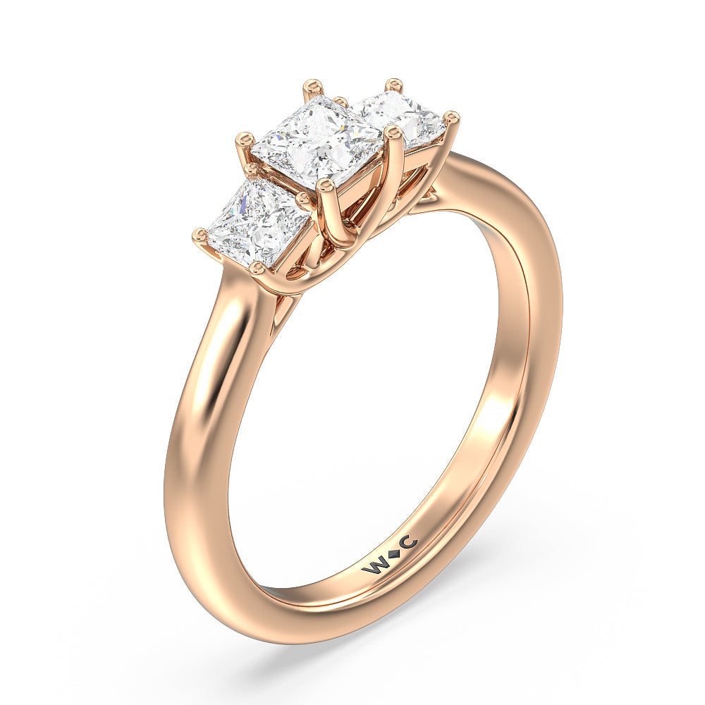 Three Stone Princess Cut Diamond Ring with 18KT Rose Gold / Natural / 1 Cut Diamond in 14KT Rose Gold / Natural / 1 view 3
