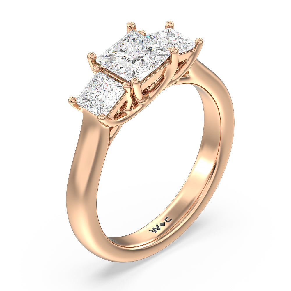Three Stone Princess Cut Diamond Ring with 18KT Rose Gold / Natural / 2 Cut Diamond in 14KT Rose Gold / Natural / 2 view 3
