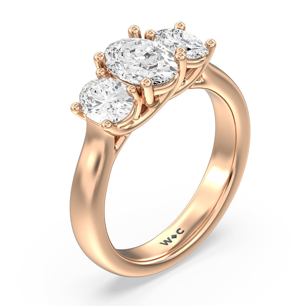 Three Stone Oval Cut Diamond Ring with 18KT Rose Gold / Natural / 2 Cut Diamond in 14KT Rose Gold / Natural / 2 view 5
